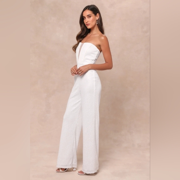 Lulus Glamorous Spirit White Sequin Strapless Bustier Jumpsuit L Wedding Party - Picture 3 of 9
